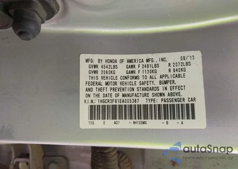 2014 Honda Accord Ex-L V-6 из США, поврежденный, VIN 1HGCR3F81EA005387